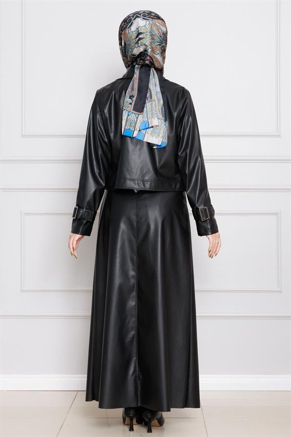 طقم تنورة وسترة من الجلد- اسود اللون 