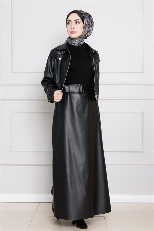 طقم تنورة وسترة من الجلد- اسود اللون 