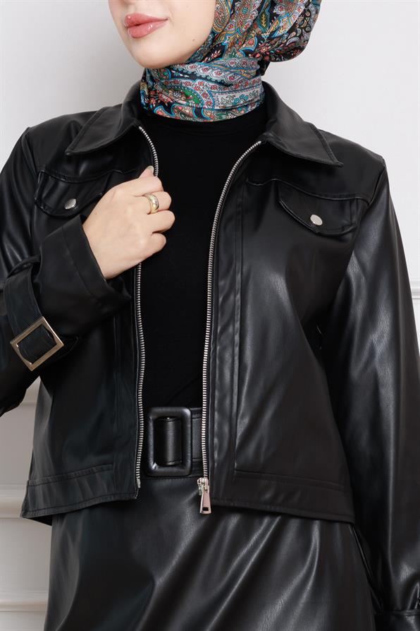 طقم تنورة وسترة من الجلد- اسود اللون 