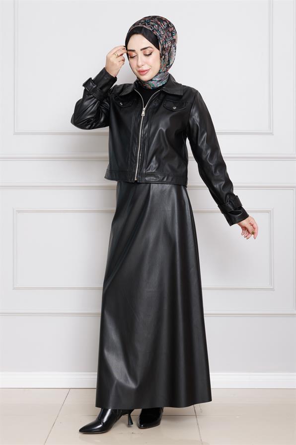 طقم تنورة وسترة من الجلد- اسود اللون 