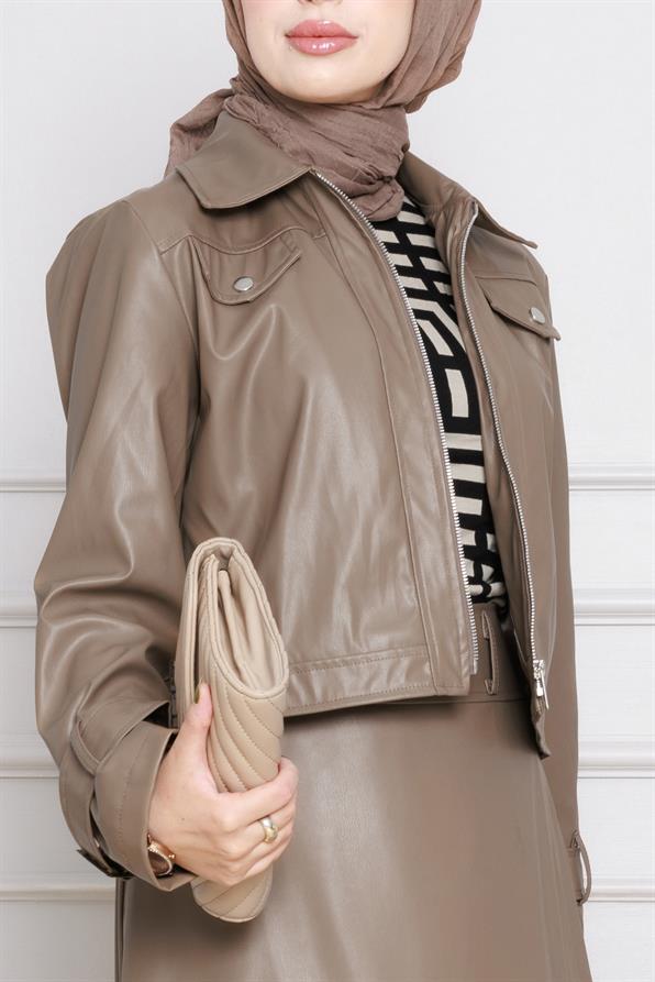 طقم تنورة وسترة من الجلد- مينك اللون 