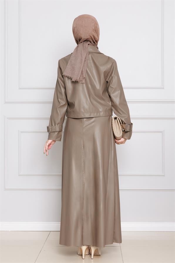 طقم تنورة وسترة من الجلد- مينك اللون 