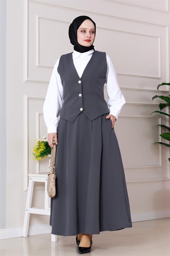 طقم سترة وتنورة - لون رمادي 