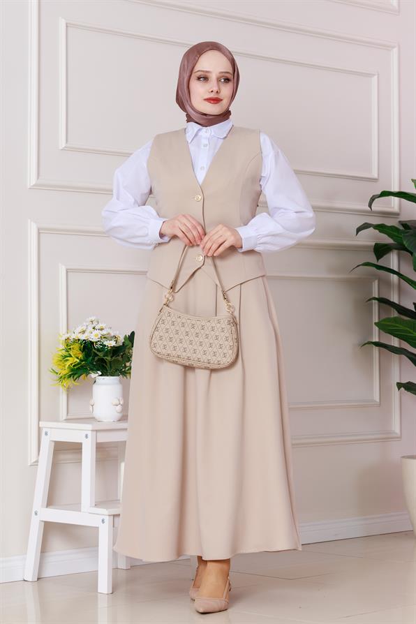 طقم سترة وتنورة - لون بيج