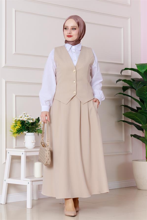 طقم سترة وتنورة - لون بيج