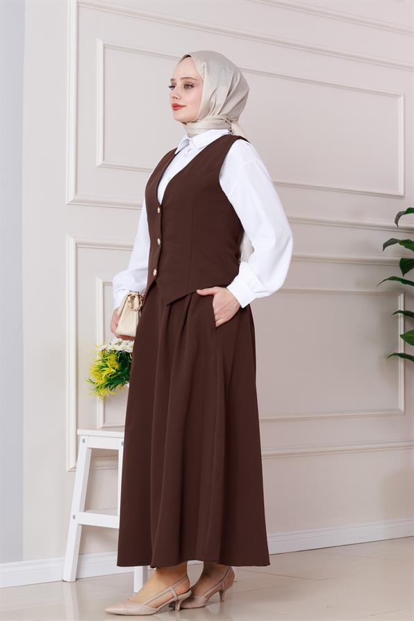 طقم سترة وتنورة - لون بني 
