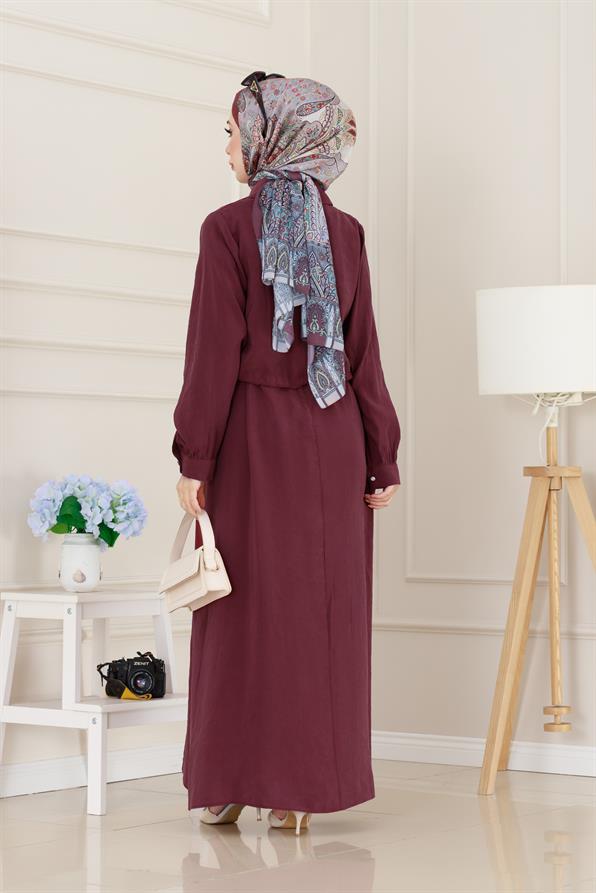 Cep Detaylı Cepkenli Ela Elbise-Bordo