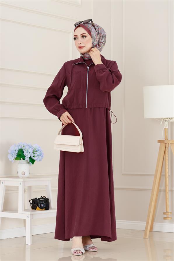 Cep Detaylı Cepkenli Ela Elbise-Bordo