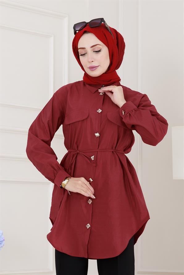 Cep Kapaklı Beli Bağcıklı Tunik-Bordo