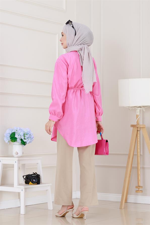 Cep Kapaklı Beli Bağcıklı Tunik-Pembe
