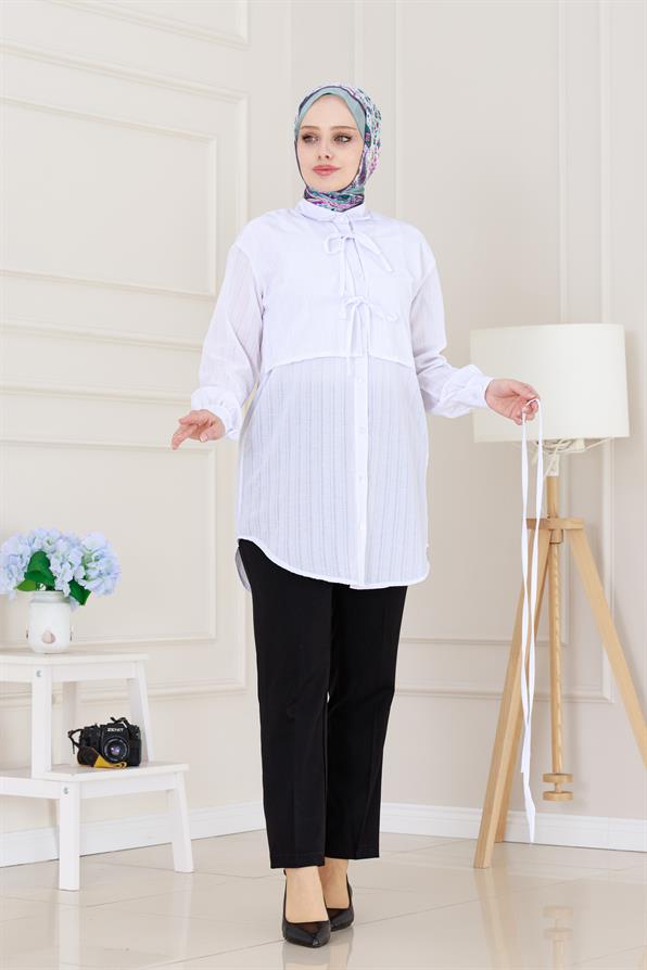 Cepken Detaylı Bağlamalı Keten Tunik-Beyaz