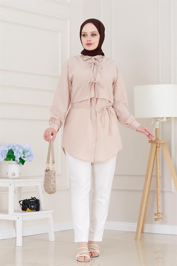 Cepken Detaylı Bağlamalı Keten Tunik-Bej