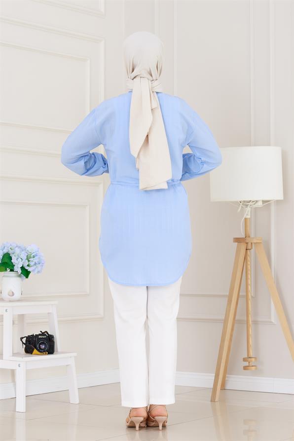 Cepken Detaylı Bağlamalı Keten Tunik-Bebe mavi