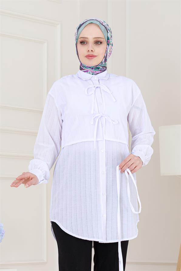 Cepken Detaylı Bağlamalı Keten Tunik-Beyaz