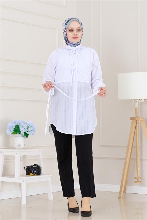 Cepken Detaylı Bağlamalı Keten Tunik-Beyaz