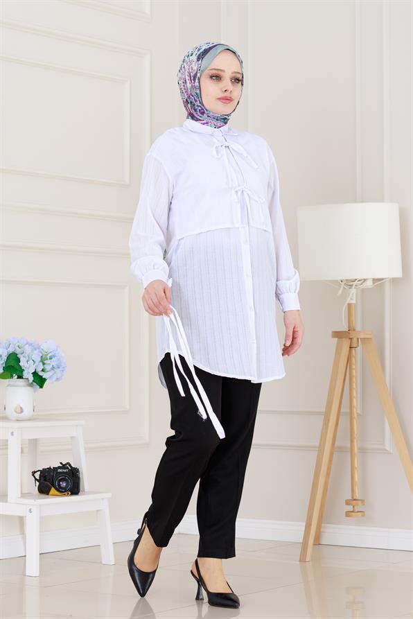 Cepken Detaylı Bağlamalı Keten Tunik-Beyaz