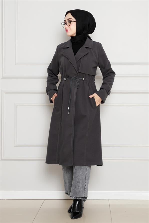 معطف مخيط بشكل مفصل مع خصربحزام نفق- لون رمادي