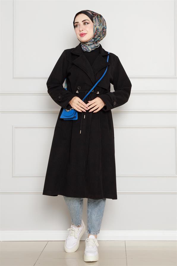 معطف مخيط بشكل مفصل مع خصربحزام نفق- لون اسود