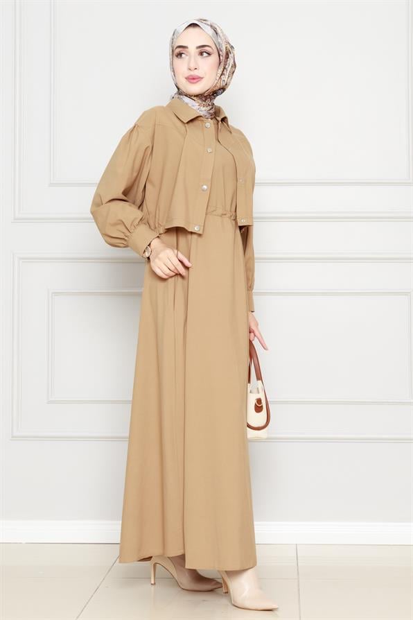 طقم عصري فستان وسترة -رملي اللون 