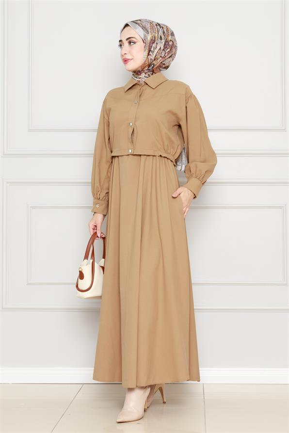 طقم عصري فستان وسترة -رملي اللون 