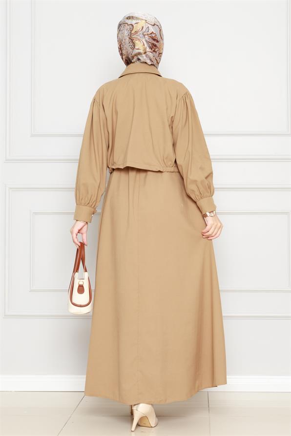 طقم عصري فستان وسترة -رملي اللون 