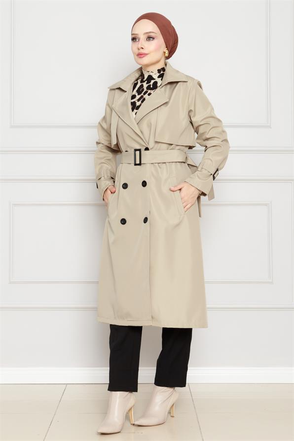 معطف واق من المطر بحزام - بيج اللون
