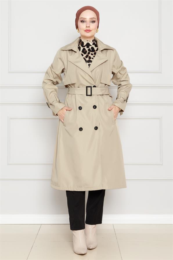 معطف واق من المطر بحزام - بيج اللون