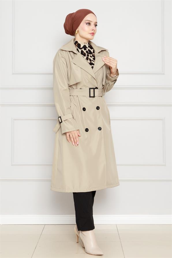 معطف واق من المطر بحزام - بيج اللون