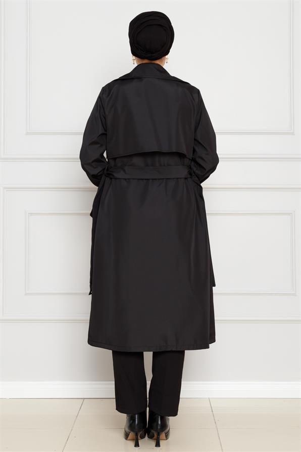 معطف واق من المطر بحزام - اسود اللون
