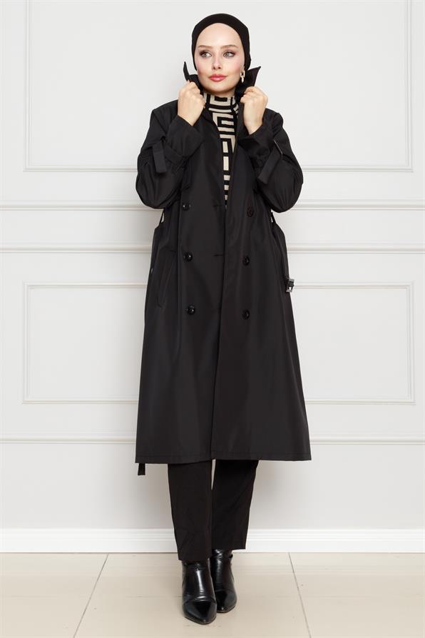 معطف واق من المطر بحزام - اسود اللون