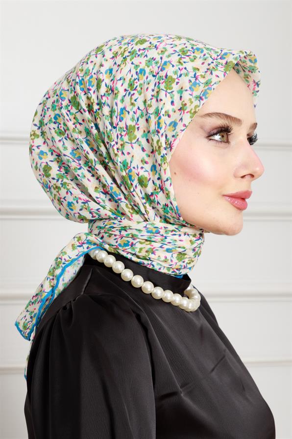 Çiçek Desen Pamuklu Eşarp-Yeşil