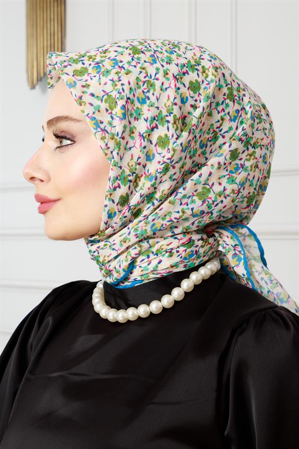 Çiçek Desen Pamuklu Eşarp-Yeşil