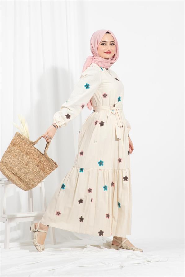 Flower Embossed Dress-Blue