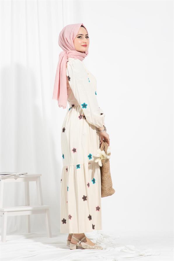 Flower Embossed Dress-Blue