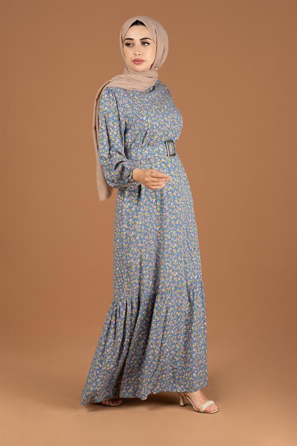 Flower Pattern Coating Viscose Belted Dress-Indigo