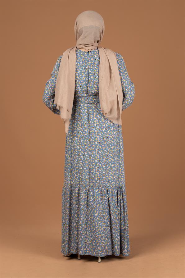 Flower Pattern Coating Viscose Belted Dress-Indigo