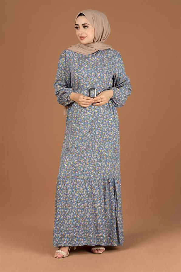 Flower Pattern Coating Viscose Belted Dress-Indigo