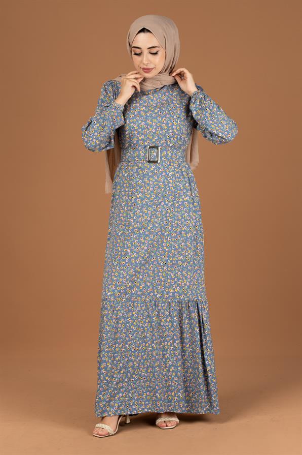 Flower Pattern Coating Viscose Belted Dress-Indigo