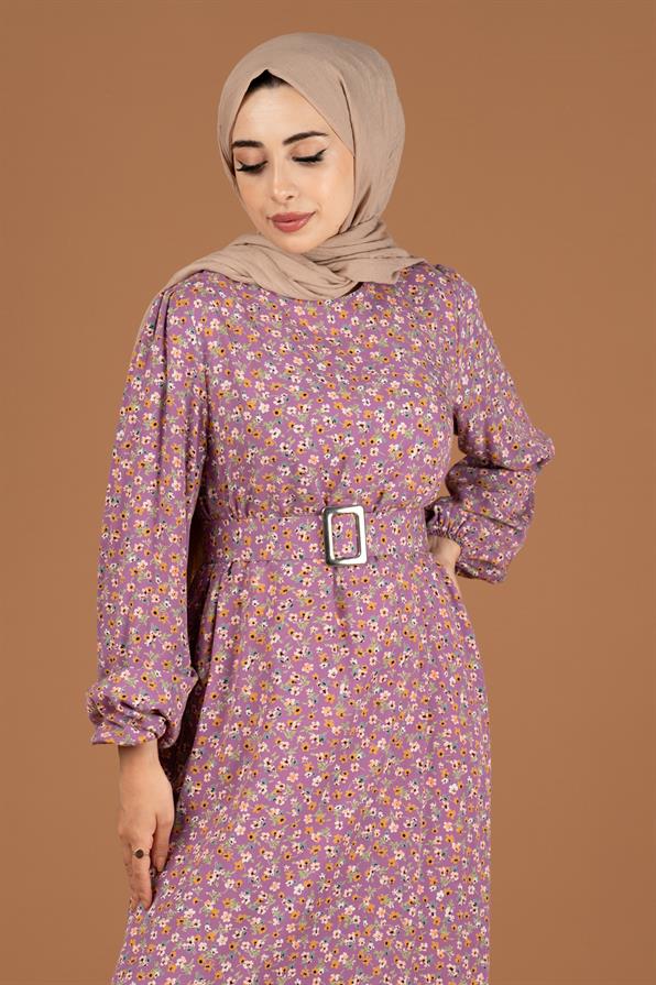 Flower Pattern Coating Viscose Belted Dress-Lilac