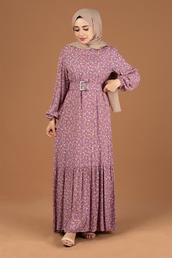 Flower Pattern Coating Viscose Belted Dress-Lilac