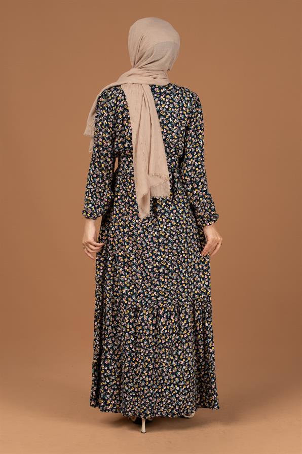 Flower Pattern Coating Viscose Belted Dress-Navy Blue