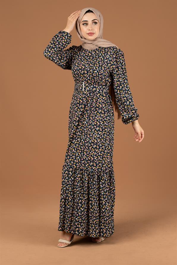 Flower Pattern Coating Viscose Belted Dress-Navy Blue