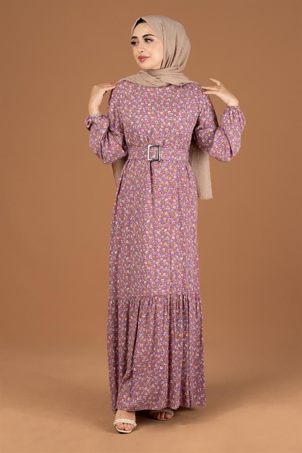 Flower Pattern Coating Viscose Belted Dress-Lilac