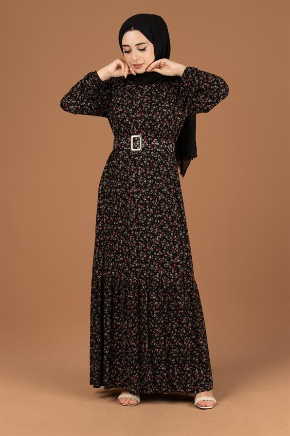 Flower Pattern Coating Viscose Belted Dress-Black