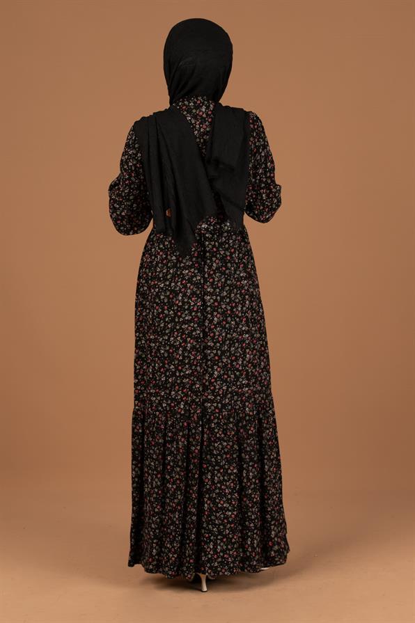 Flower Pattern Coating Viscose Belted Dress-Black
