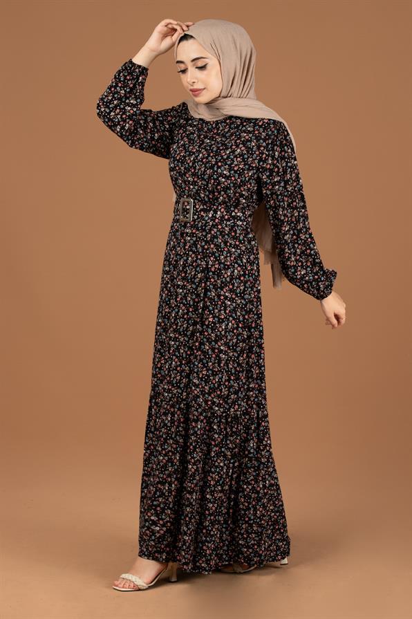 Flower Pattern Coating Viscose Belted Dress-Black