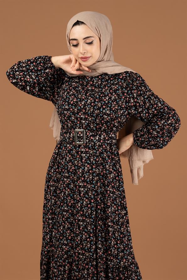 Flower Pattern Coating Viscose Belted Dress-Black