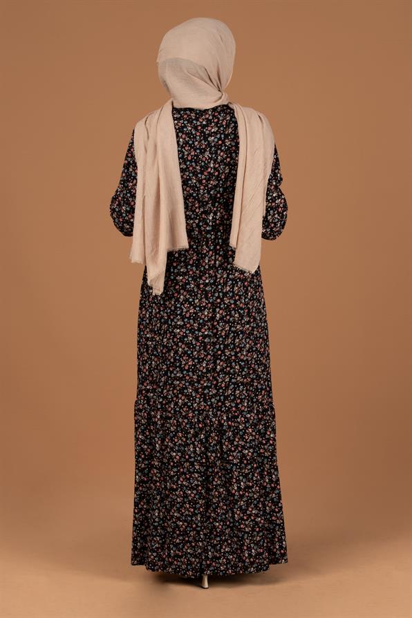 Flower Pattern Coating Viscose Belted Dress-Black