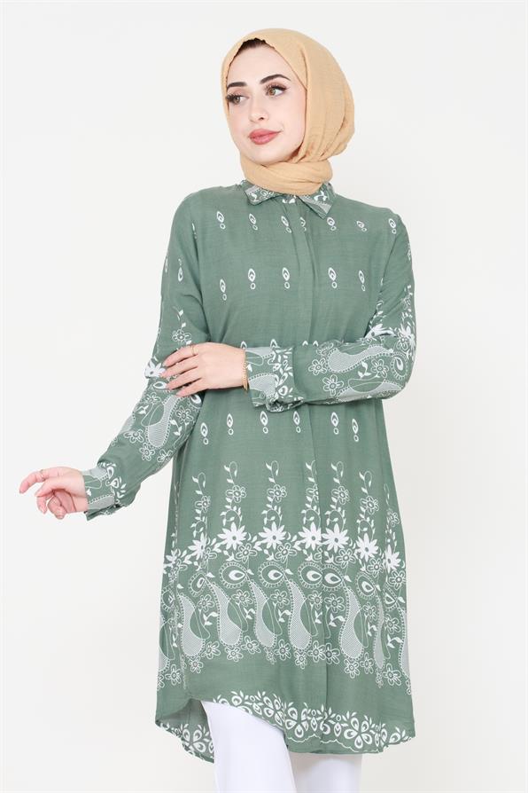 Çiçek Desenli Viscon Tunik-Mint Yeşili