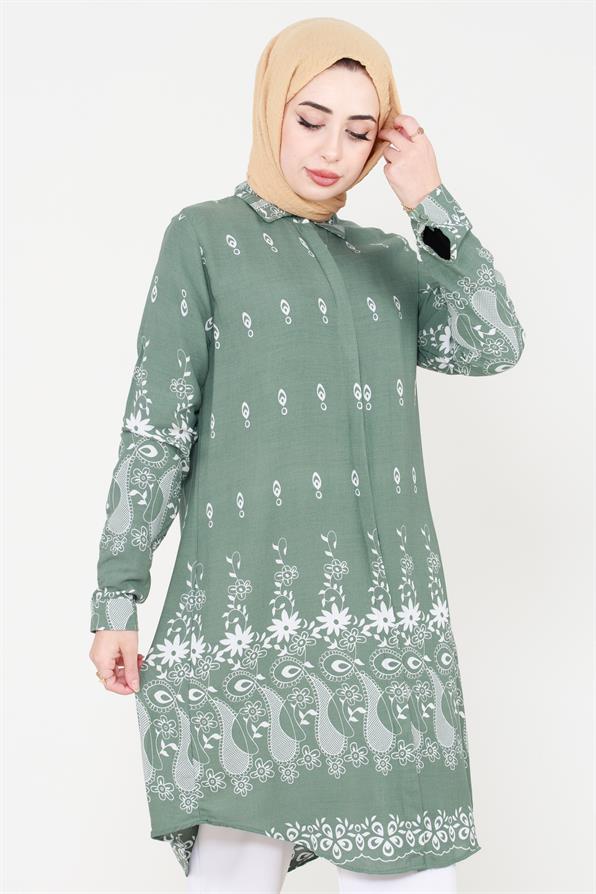 Çiçek Desenli Viscon Tunik-Mint Yeşili
